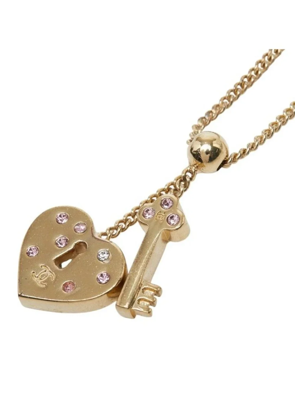 Chanel CC Logo Heart Key Necklace Gold Pink Plated Rhinestone